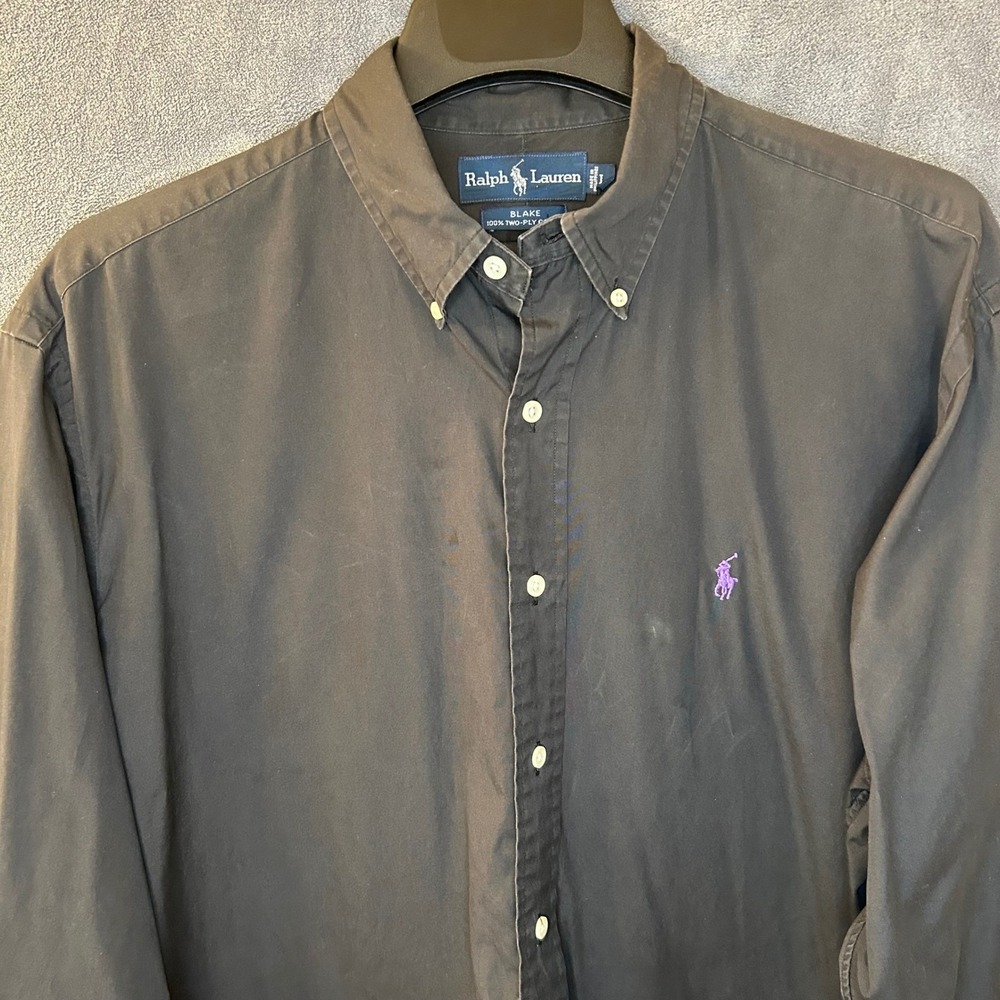 Ralph Lauren Blake Mens Large Black Button Down Shirt Purple Pony Cotton (FLAWS)